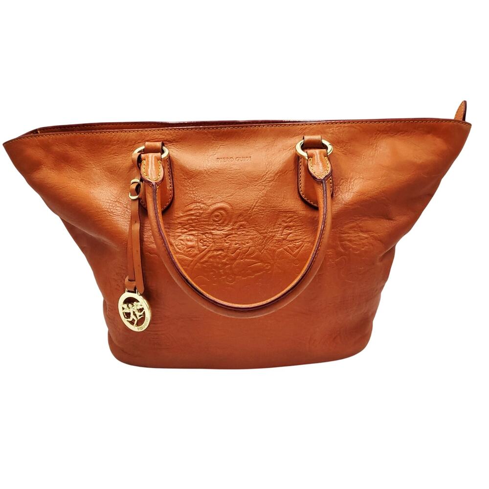 Piero Guidi Magic Circus Golden Age Orange Embossed Leather Tote Handbag